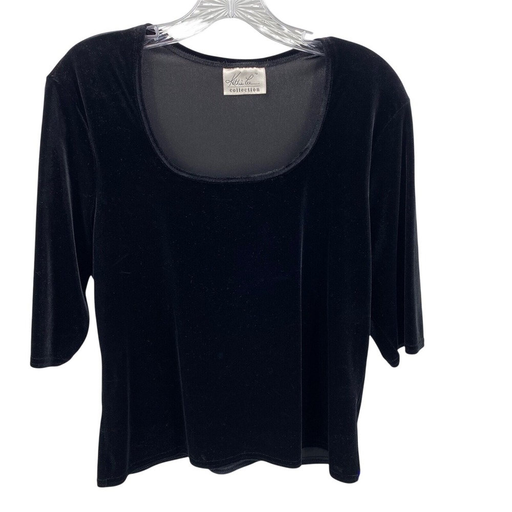 Kathie Lee Collection Women M Black Velvet Scoop Neck 3/4 Sleeve Blouse Top Y2K